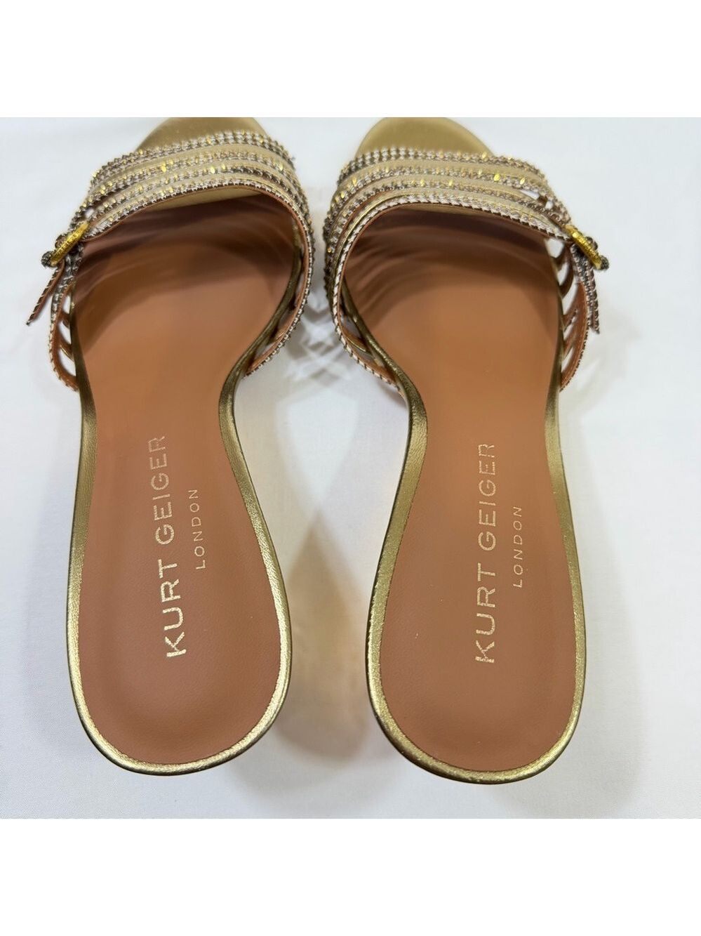 Kurt Geiger London Gold Crystal-Strap Wedge Slides Sandals Size 38.5 Women 8 US - Picture 6 of 11